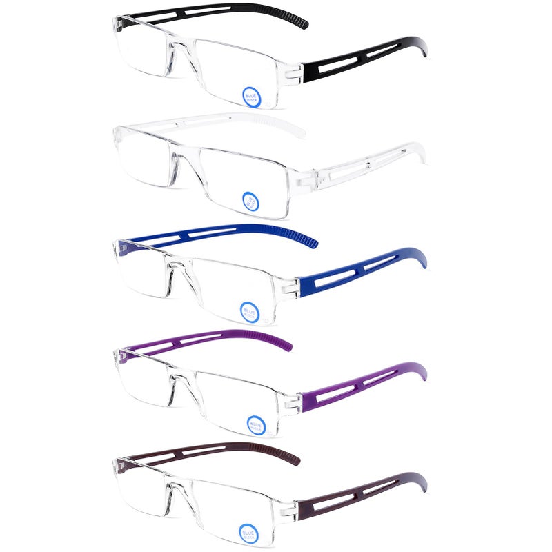 DOOViC 5-Pack Anti Blue Light Blocking Computer Reading Glasses Rectangular Clear Lens Rimless Frame UV Protection Reduce Eyestrain Lightweight Eyeglasses for Men/Women +2.0